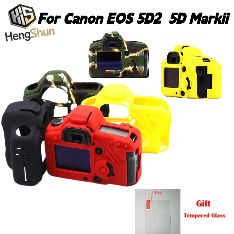 For Canon EOS 5D2 5D Mark II Soft Silicone Camera Case Shockproof Anti‑Scratch Protective Cover Skin + 1PCS Free Tempered Film