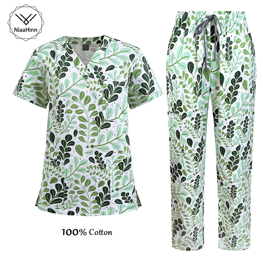 

Niaahinn Medical Printed Scrubs Uniforms Flower Printed Surgical Scrubs Uniform Nurse Scrub Tops Pants Sets 100% Cotton Workwear