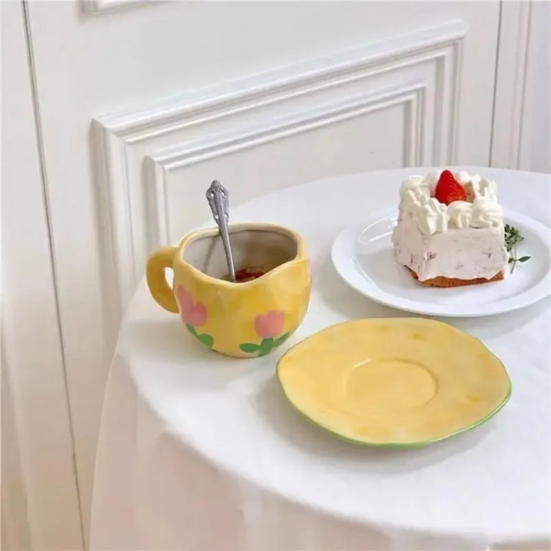 طقم أكواب وأطباق سيراميك إبداعية مصنوعة يدويًا، يمكن استخدام كوب القهوة متعدد الأنماط للميكروويف وغسالة الأطباق
