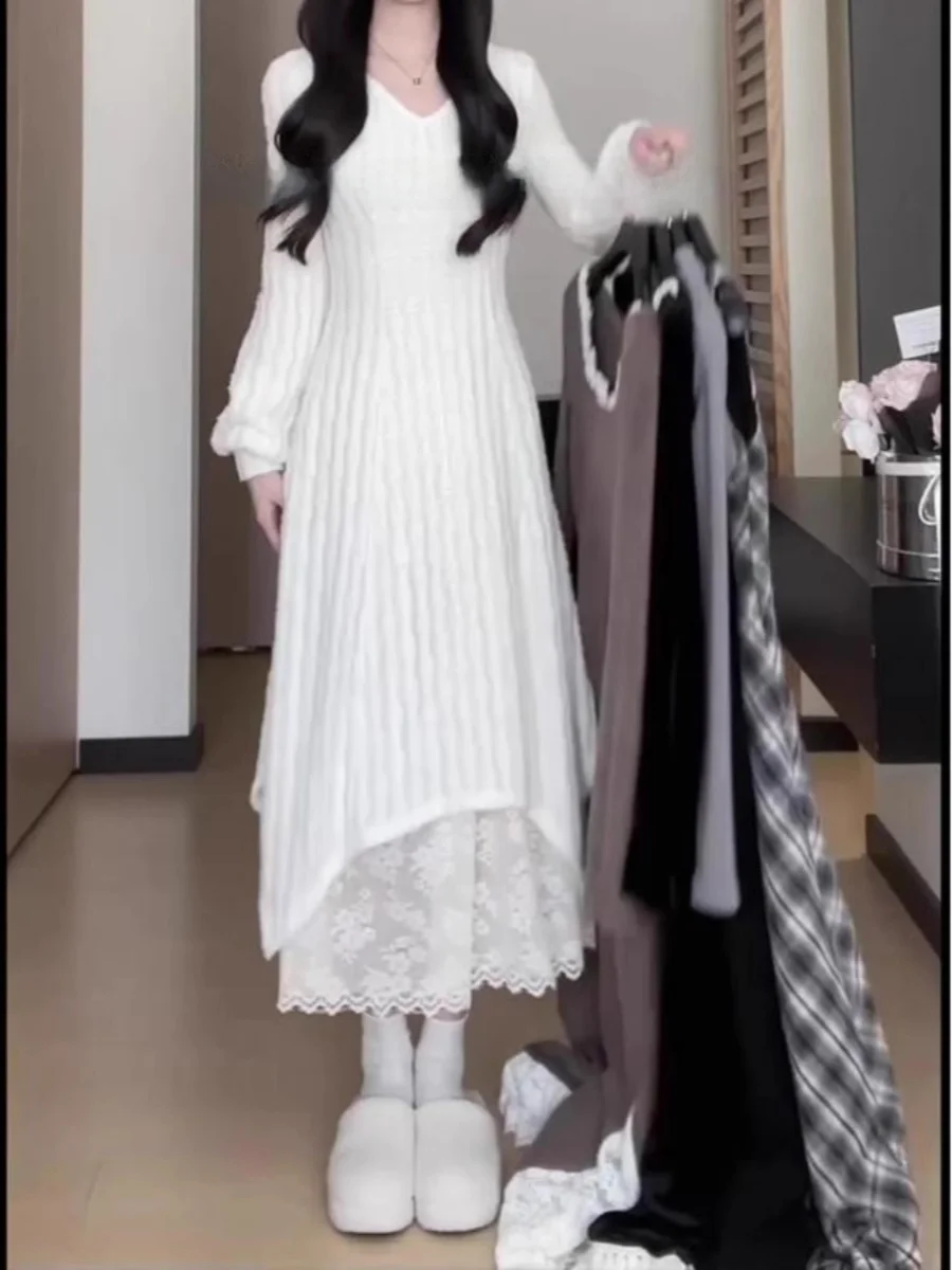 Plus size malha longa sve dr camisola de camada base feminina dr renda emenda longo dr casual sle a linha silhueta