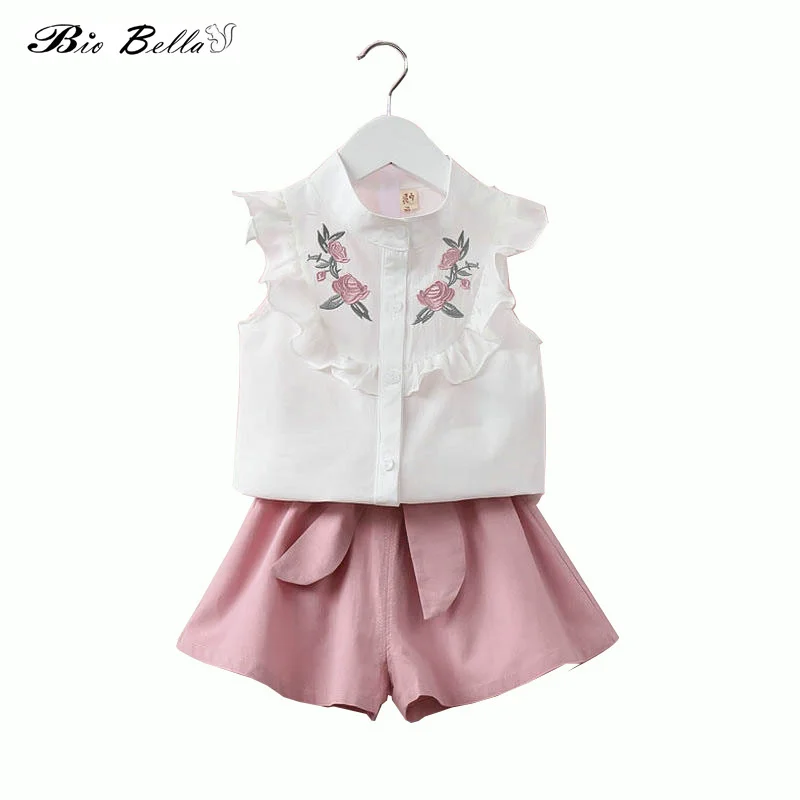 Fashion Girls Clothes Sets 2020 Summer Sleeve Flower Embrioderied Top+Bow Skirt 2 Piece Kids Children's Clothing Girl Suit