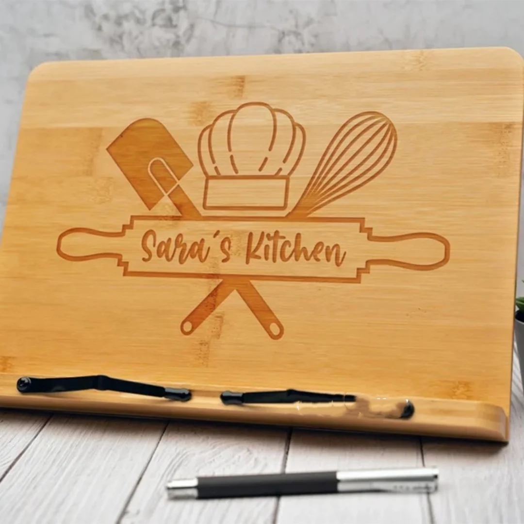 Bamboo Reading Stand & Cutting Board 2-in-1 Adjustable Angle Book Holder Custom Engraved Kitchen Chopping Board for Cooking