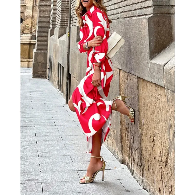 Neue Damenmode mit langen Ärmeln, bedrucktem Hemdkragen, Schnürung, mittellanges Kleid, sexy V-Ausschnitt, Schlitz, gestreift, knöchellanges Kleid