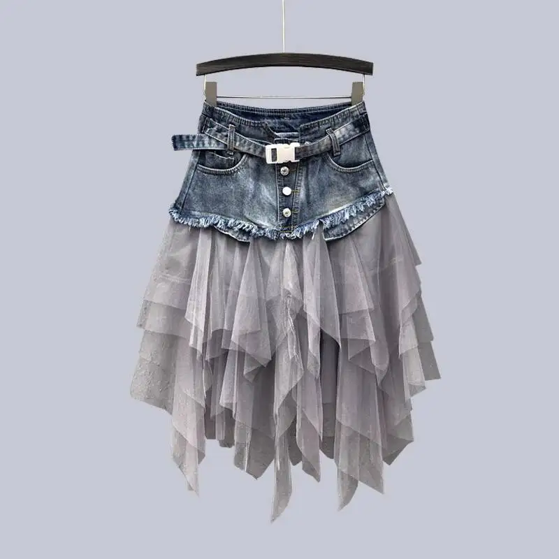 

Облегающая джинсовая юбка с высокой талией для женщин, новинка лета 2025 года, корейский стиль, сетчатая лоскутная юбка средней длины