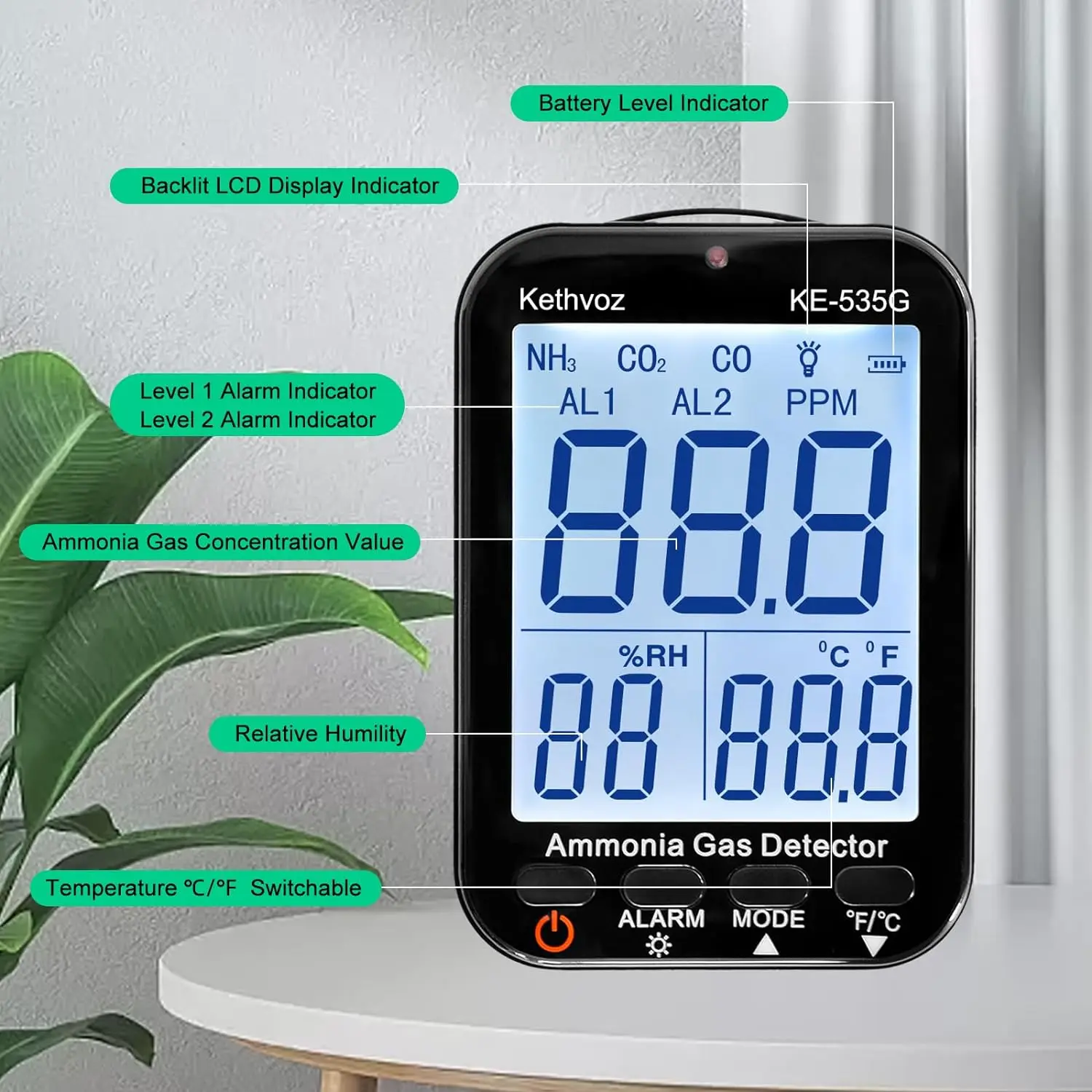 Ammonia Detector Monitor NH3 Air, Ammonia Tester Gas 0~100 PPM with Alarm Buzzer, Wall-Mounted Type,Humy&Temp Sensor Big Display