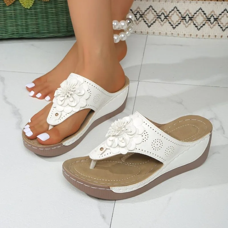 Women's Sandals Open Toe Wedge Heel Thong Slip on Shoes with 3D Floral Applique and Perforated Upper for Summer Casual Wear 2026