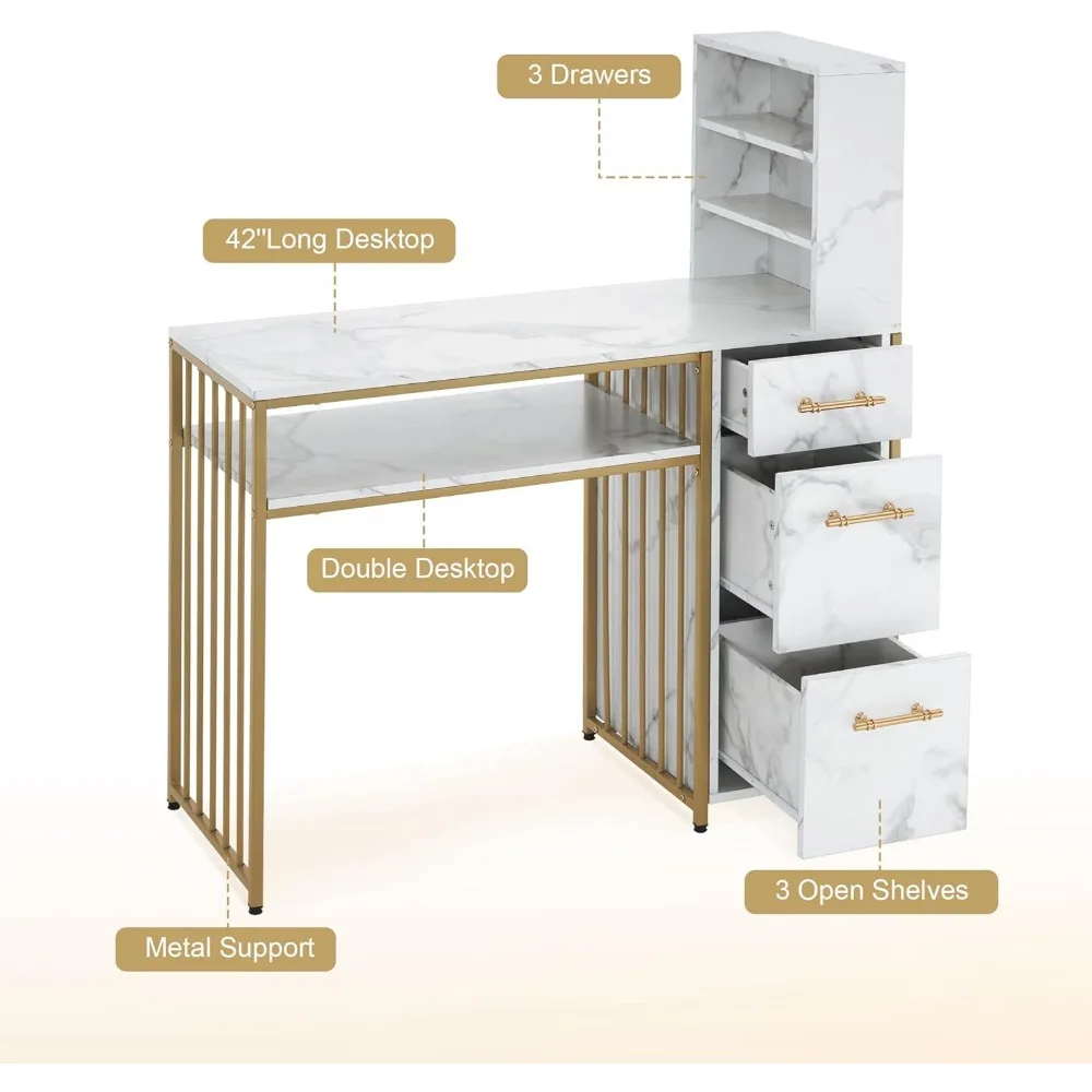 Table de manucure avec égouts de proximité, bureau à ongles marbré Bergamo avec rangement, station de salon de beauté, poste de travail moderne avec étagères ouvertes