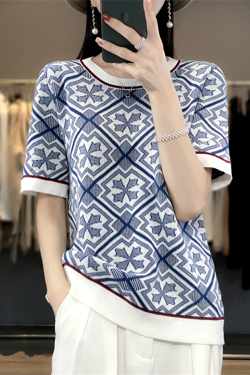 Women\'s Blue and white porcelain short sleeve t-shirts summer new 100% cotton knitted short sleeves casual ladies tees
