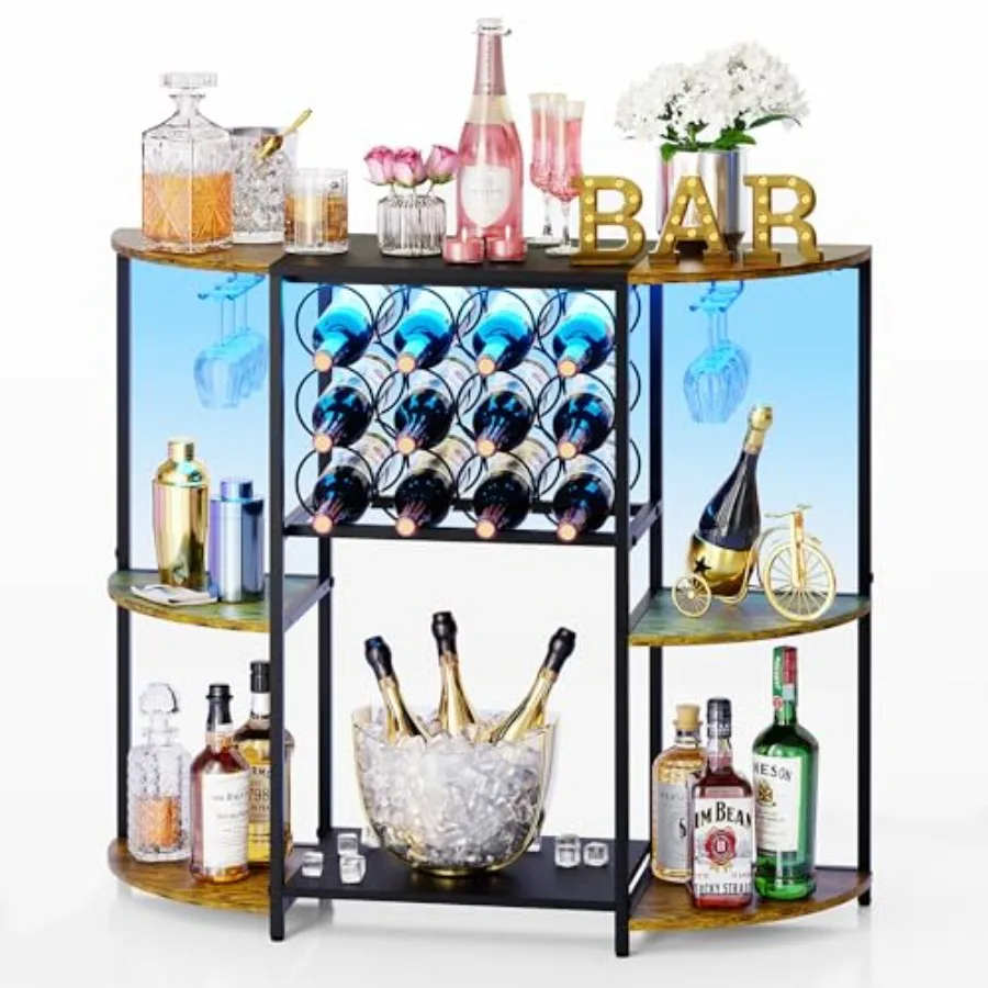 

Wine Bar Cabinet with LED Lights Mini Wine Rack with Storage and Glass Holder Home Bar Cart for Liquor Bar Table for Kitchen Di