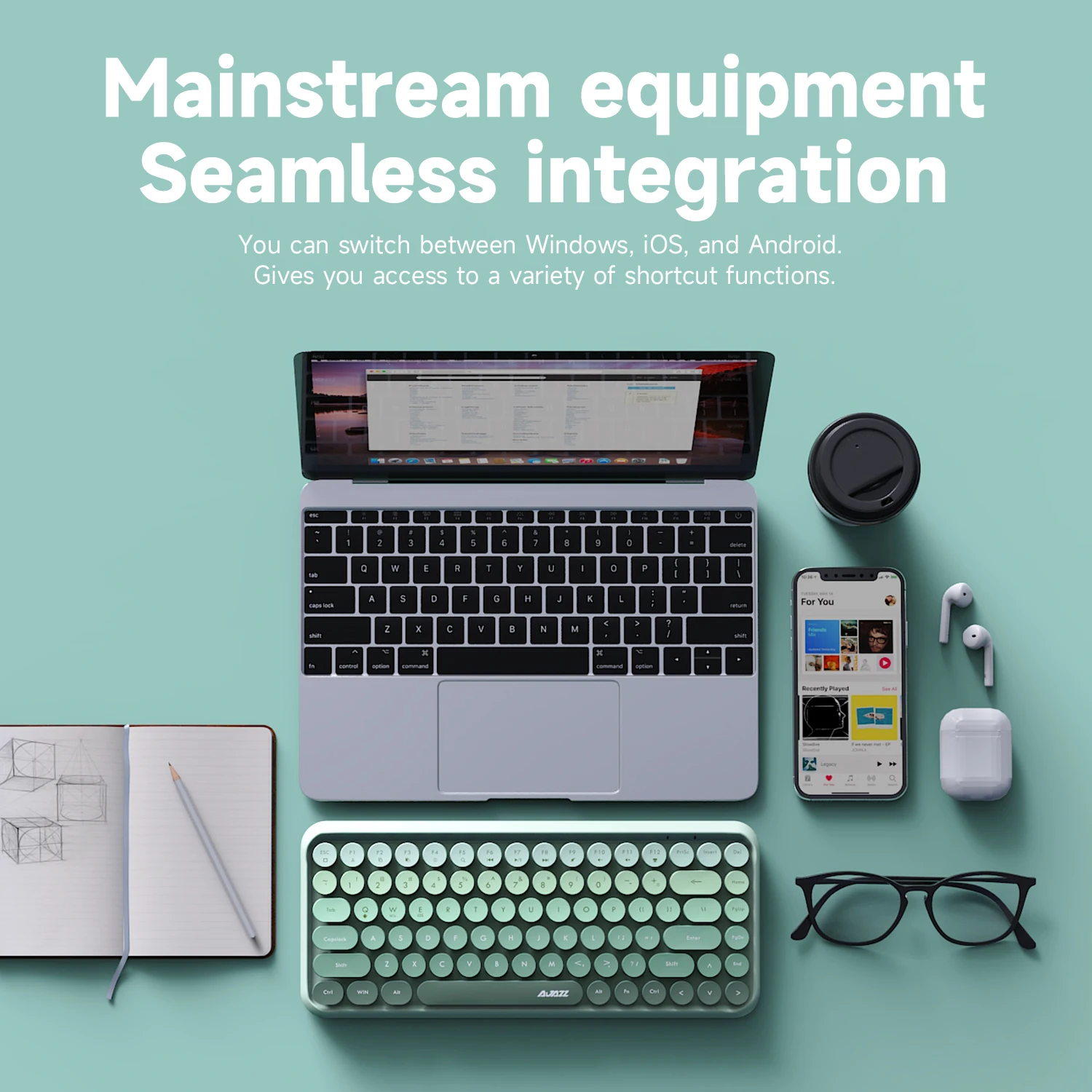 Ajazz 308i teclado Bluetooth colgante de gato magnético 84 teclas máquina de escribir Retro ergonómica teclado de oficina clásico tecla de reducción de ruido