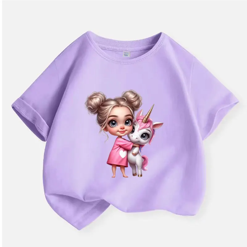 Unicorn Girl Graphic Print Baby Girls T-shirt Cotton Pink Tops Tee 2025 New Summer Fashion Kids T Shirt Teen 6 8 10 12 Years