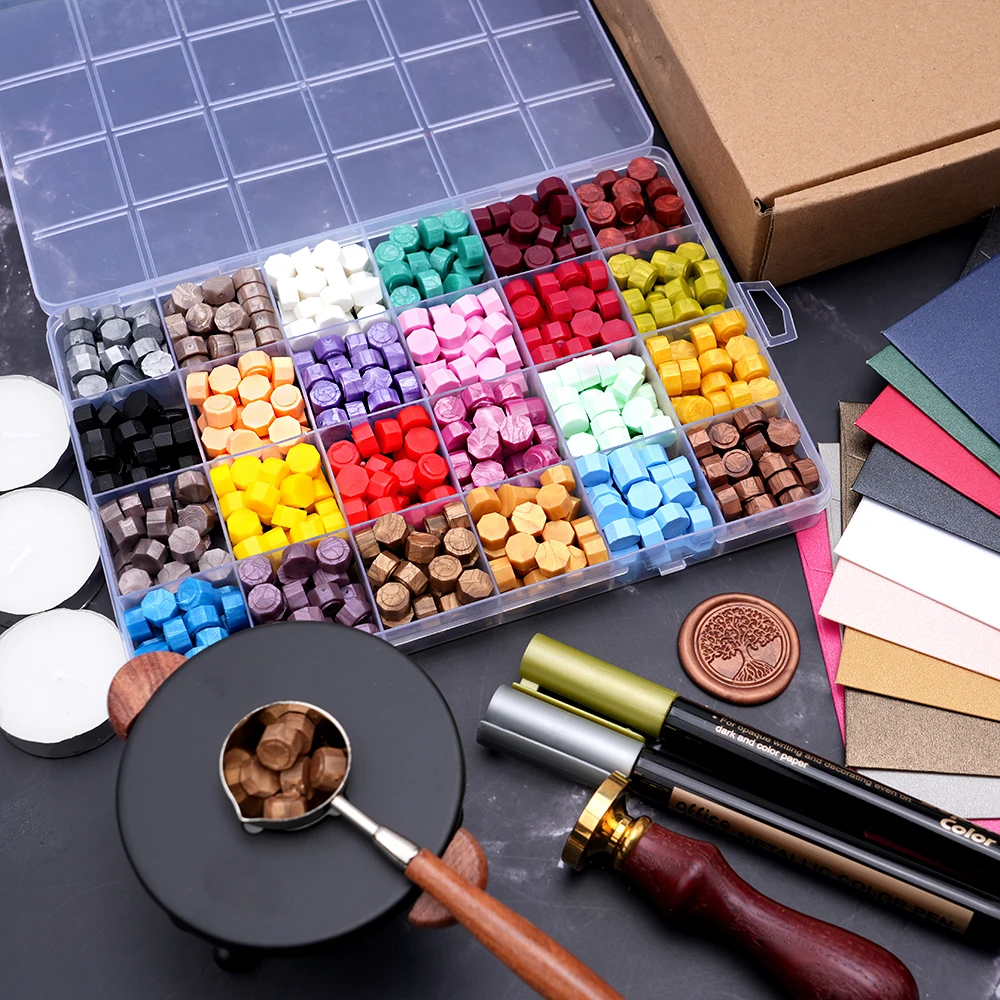 

24 Grid Wax Seal Beads Kit with Furnace - Complete Sealing Wax Starter Set for Wedding Invitation DIY Craft