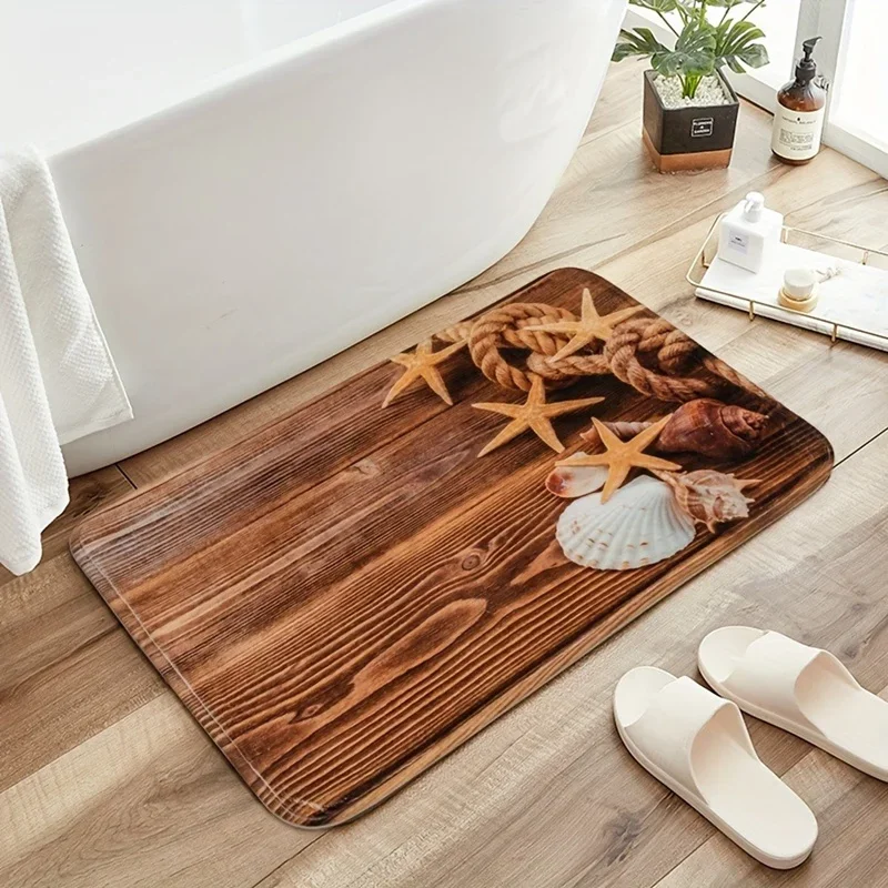 Ocean Shell Wood Paneled Bath Mat Super Absorbent Carpet for Bathroom Hawaiian Style Starfish Beach Home Decor Non-Slip Foot Rug