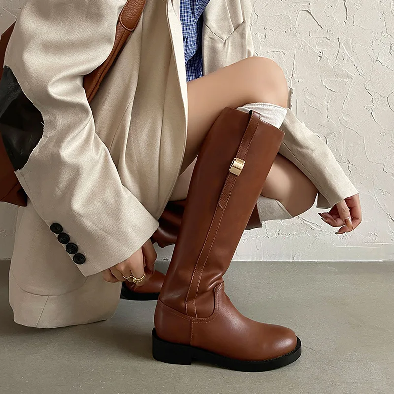 

Autumn Blacke cowhide Riding boots Round toe Slip-on Middle heel Knee high boots Metal buckle Women's Boots