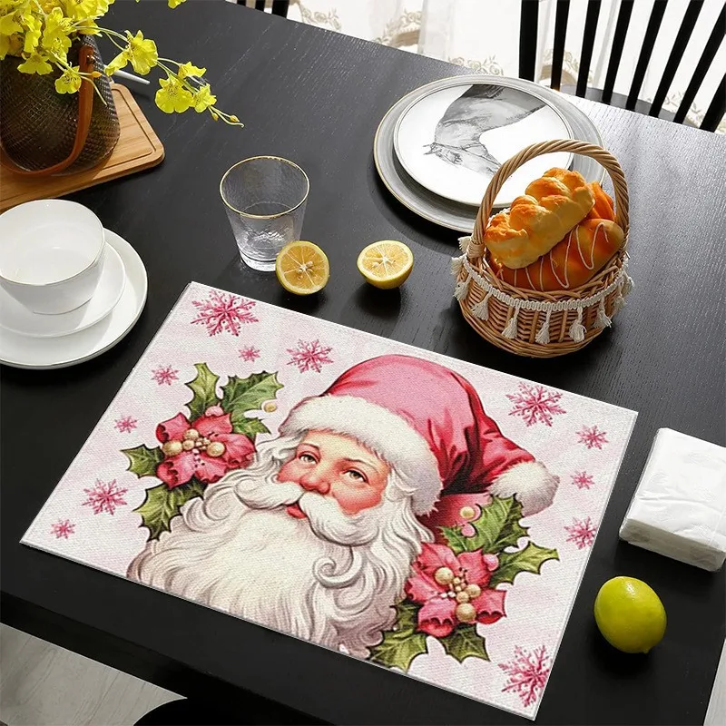 VIKAMA Linen Placemats Vintage Santa Claus Holly Pink White, Stain Resistant Easy to Clean, Dining Table Holiday Decor