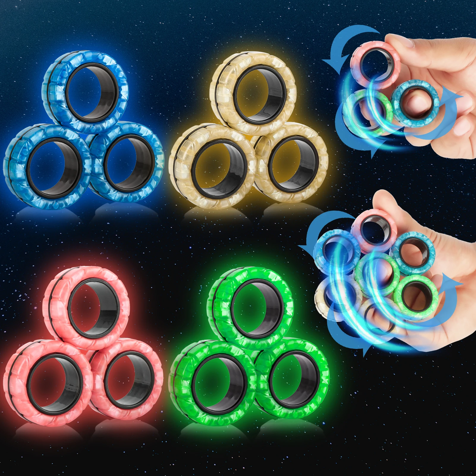 Yishidget-Glow in Dark Magnetic Ring Fidget Spinner Toys, ADHD Fingers, Stress Relief para Adultos e Crianças, Magnet, 12Pcs