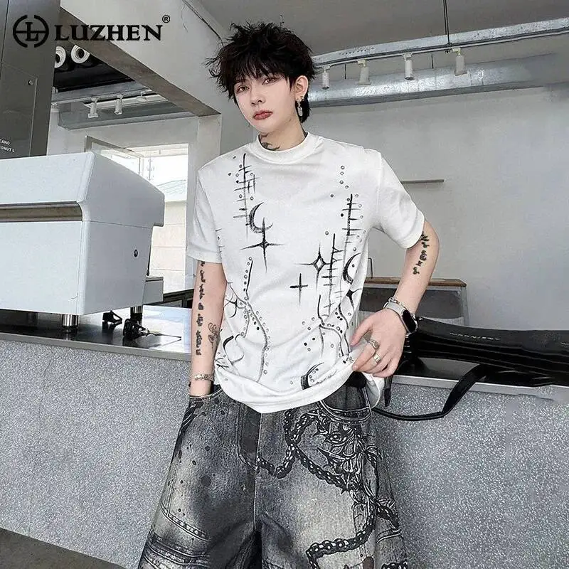 

LUZHEN 2026 Summer New Tie-dyed Pattern Printed Short Sleeve T-shirts Men's Slim Fit Casual High Quality Cotton Male Tops JY6818