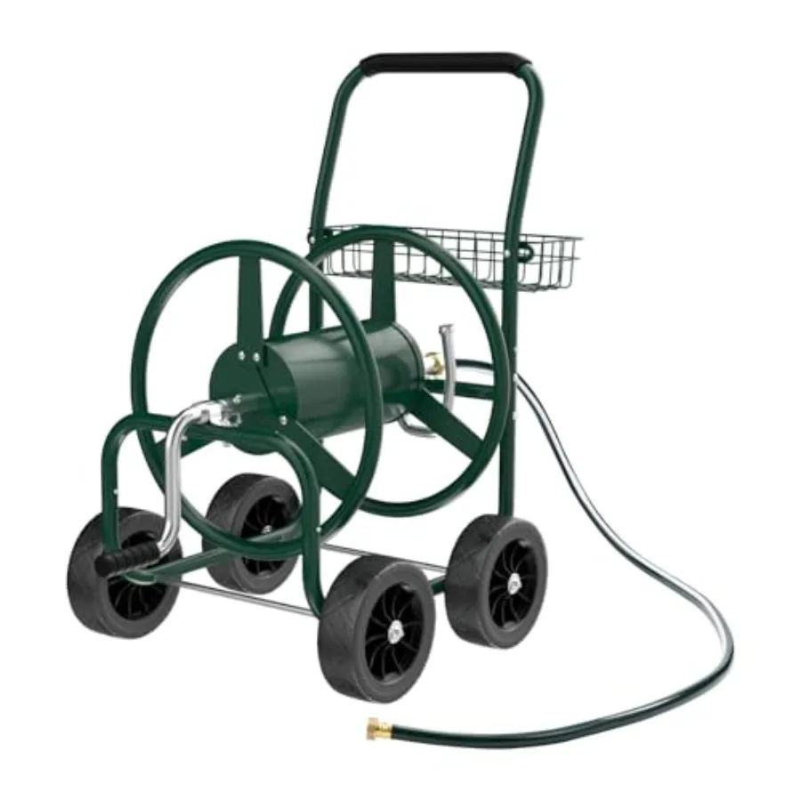 

4-Wheel Garden Hose Reel Cart with Storage Basket for Lawn Watering Green Polyethylene 250FT Capacity Portable Heavy-Duty