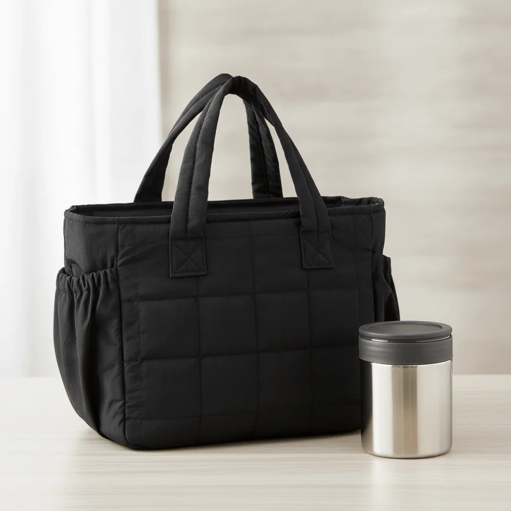 Solid Color Quilted Lunch Bag Portable Waterproof Insulated Lunch Tote Large Capacity Durable Food Thermal Box Hiking
