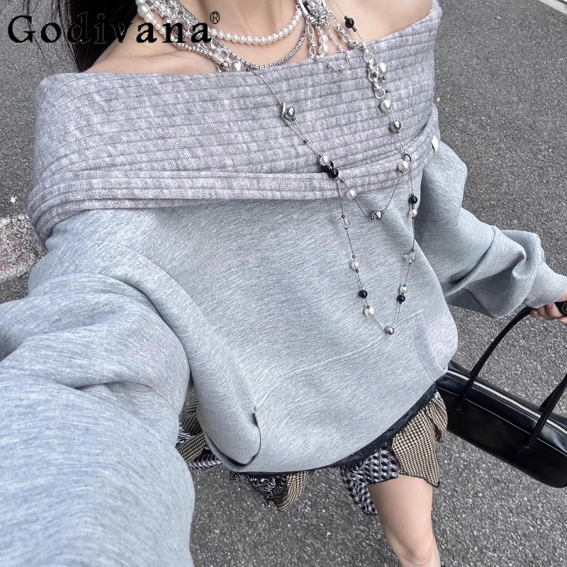 Gray Off Shoulder Sweatshirt for Women Spring Autumn Japanese Style Hoodies Girls Lolita Sweet Loose Versatile Sweatshirts