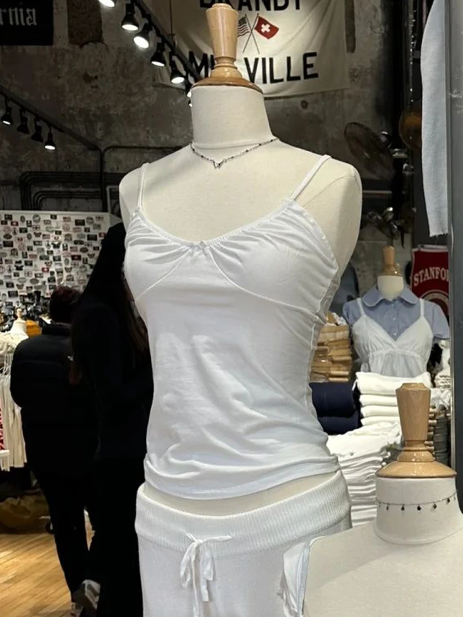 

Folds Bow V-neck Tank Top Woman Summer White Simple Slim Sleeveless Camisole Female Vintage Cotton Sweet Cute Basic Crop Top Y2k