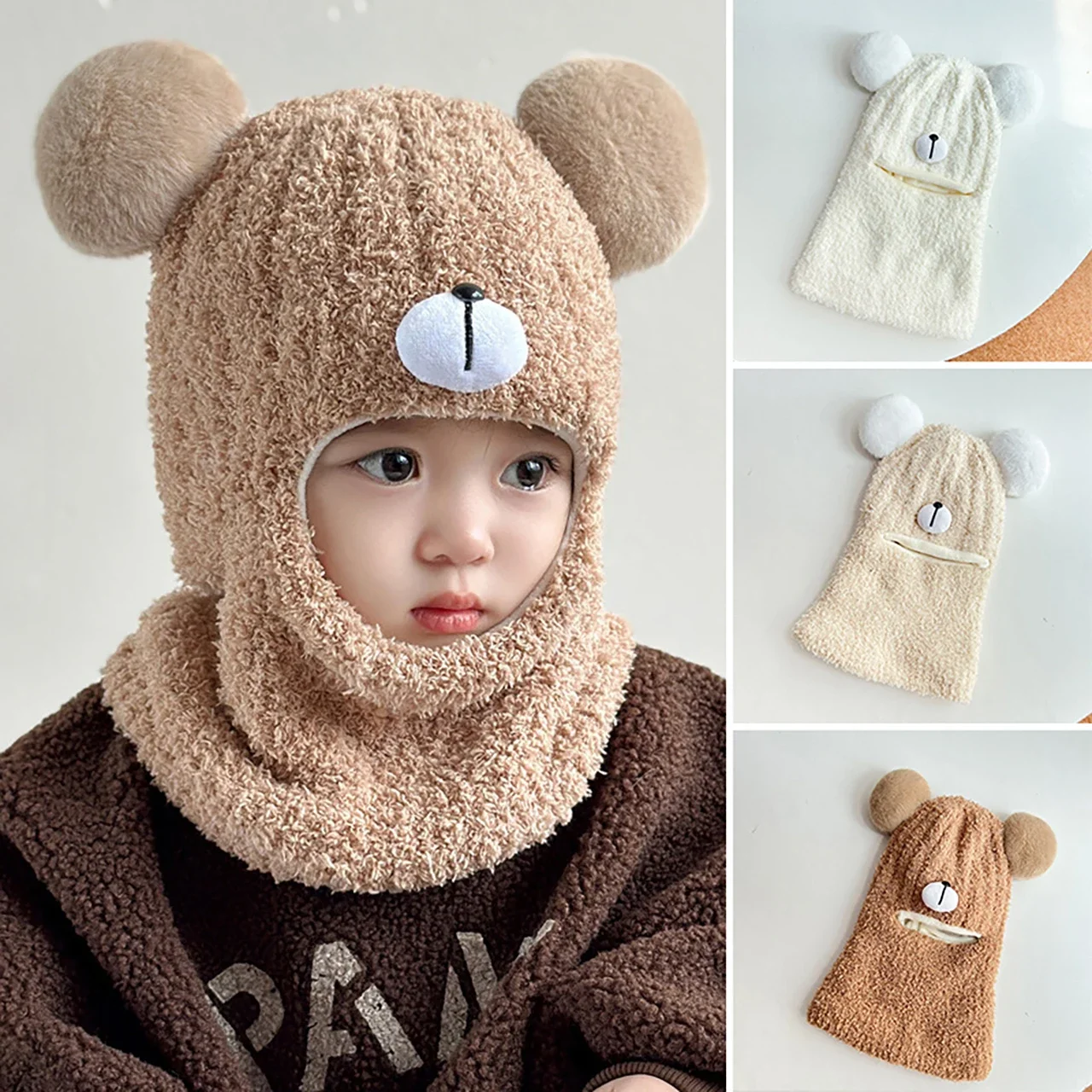 

Winter Plush Knit Beanie Cap for Kids Cartoon Bear Balaclava Hat Baby Outdoor Warm Thicken Hooded Hat Scarf