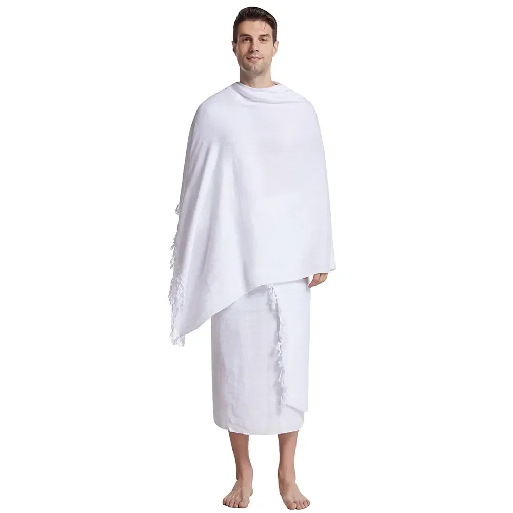 2PCS Islamic Men Prayer Ihram Pilgrimage Towel Muslim Arab Mecca Hajj Clothes Ramadan Boys Worship Costumes Shawl Jubba Thobe