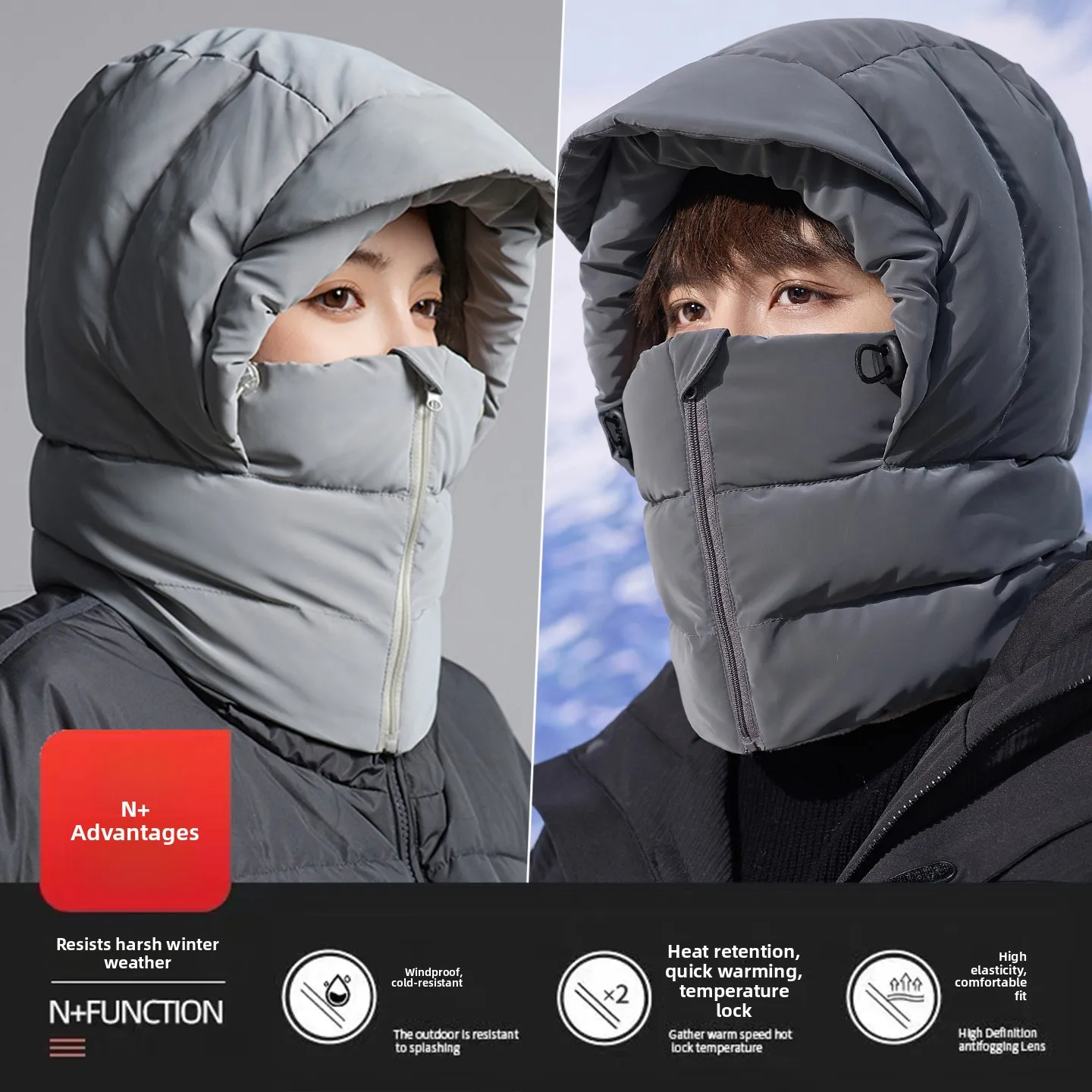 Unisex Winter Skiing Cycling Warm Neck Mask Integrated down Hat Anti- Wind Cold Proof Cap Casual Style Adjustable Large Head ...