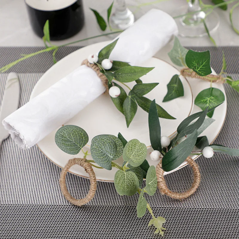 1Pc Eucalyptus Napkin Rings Faux Leaves Napkin Rack Wedding Party Festival Christening Dinner Table Metal Napkin Holder