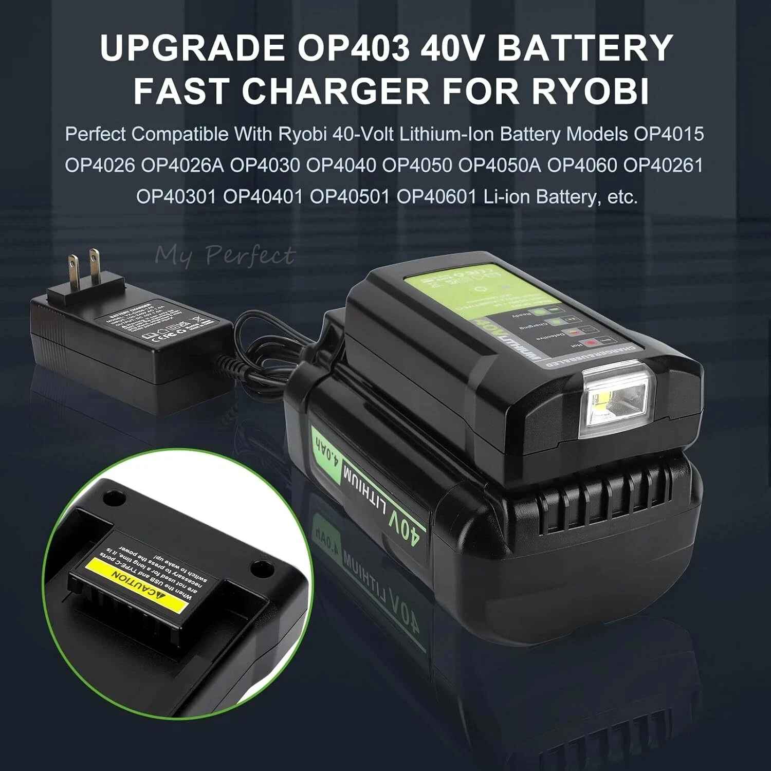 40V Charger for Ryobi Lithium Battery Dual USB and Type-C 2.1A Fast Charge with 140lm LED Light Charging Indicator for OP40201
