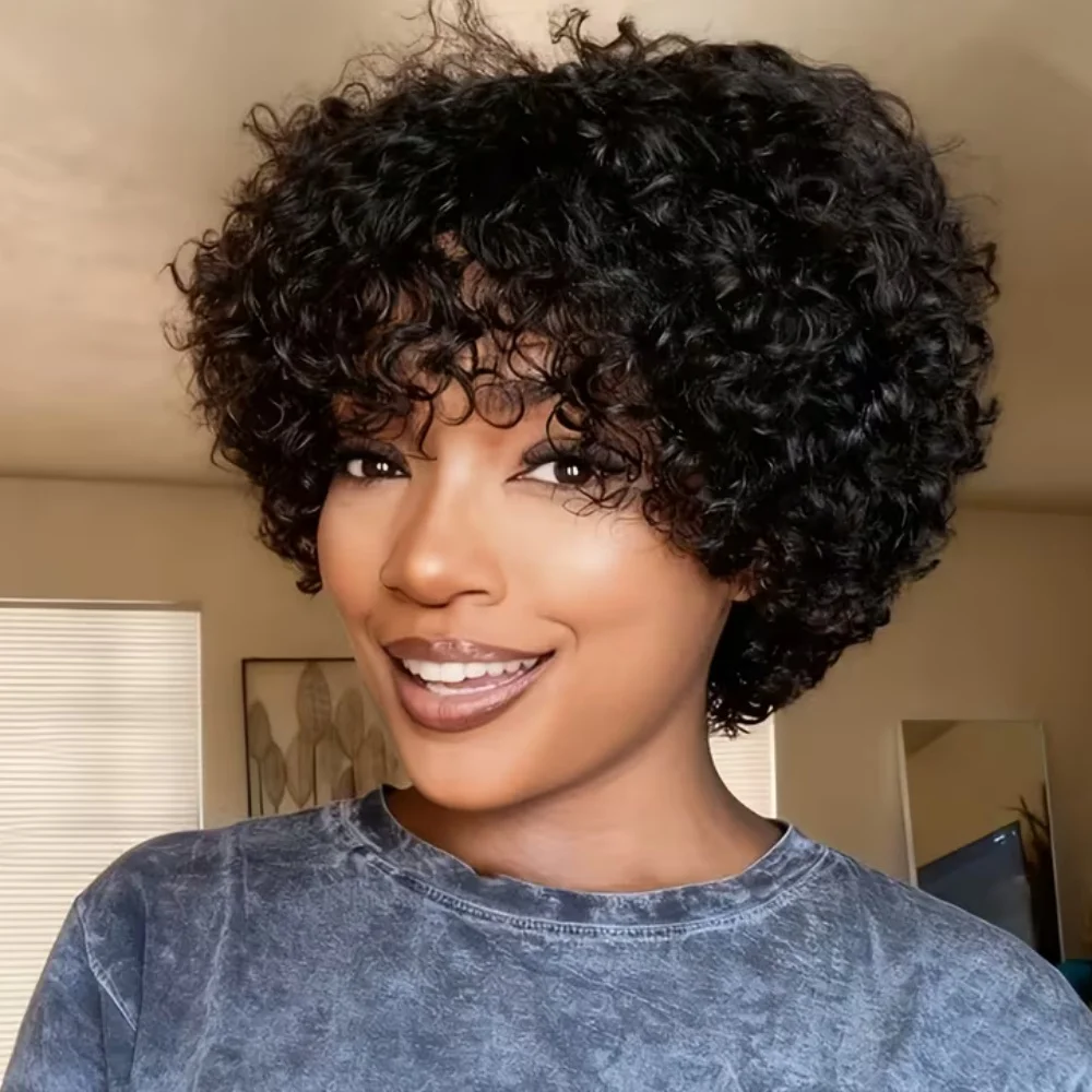 شعر مستعار أفرو قصير مجعد شعر بشري غريب مجعد موجة الباروكات للمرأة شعر مستعار آلة كاملة