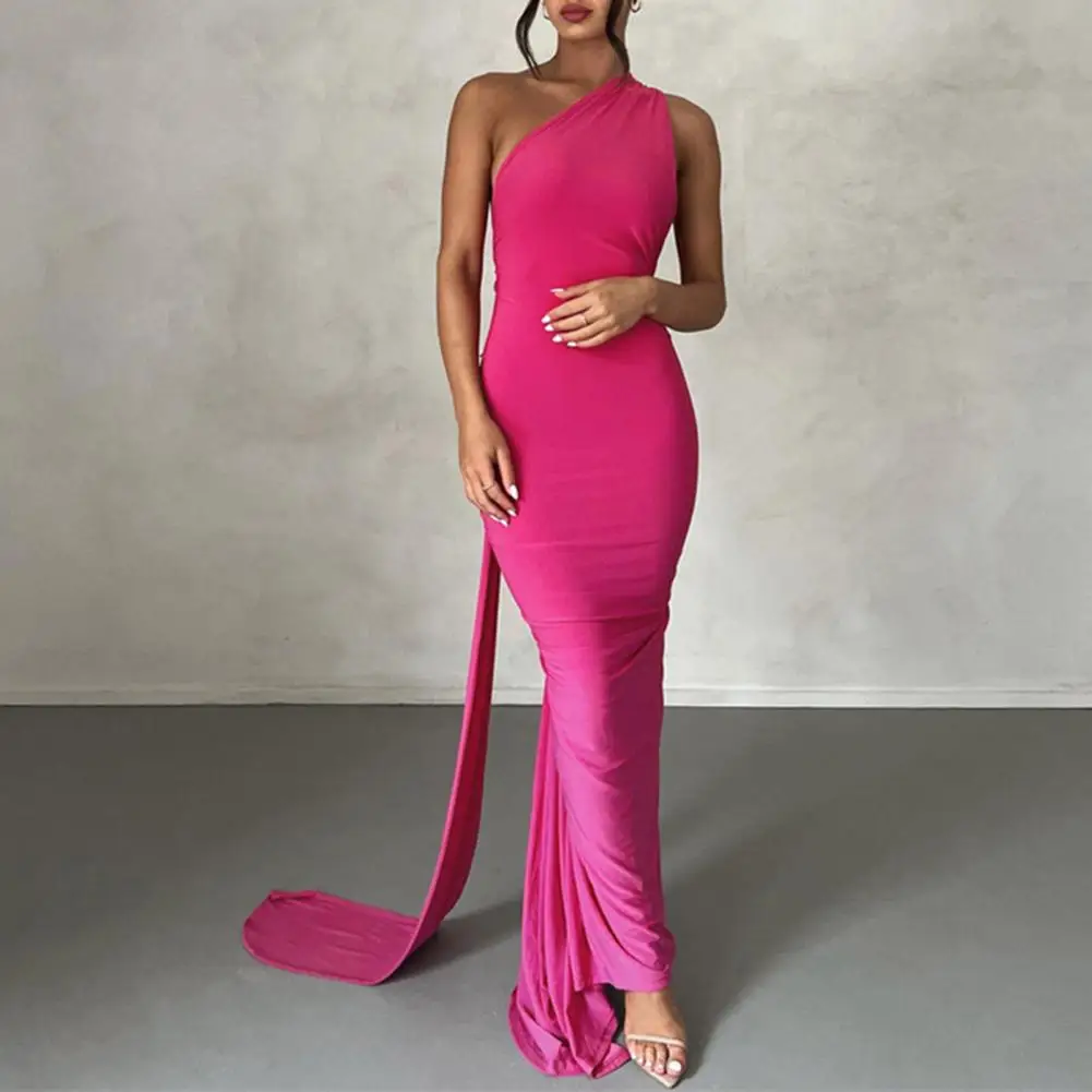 

Women Evening Dress Pure Color Halter Neck Irregular Lady Prom Dress Skinny Backless Off Shulder Sleeveless Floor Length Dress