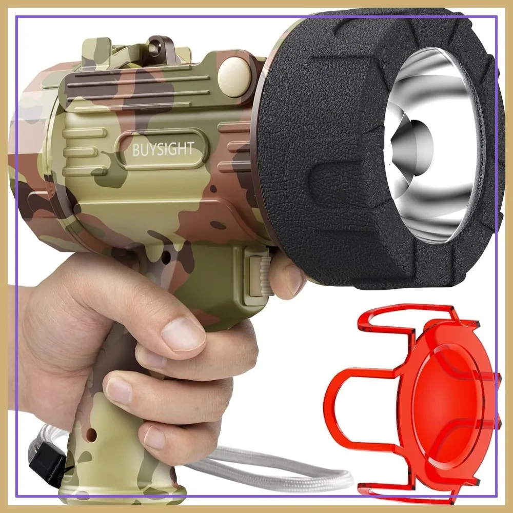 

Rechargeable 1500 Lumens Handheld Spotlight, Waterproof Hunting Lamp with Red Filter, Camouflage Grey
