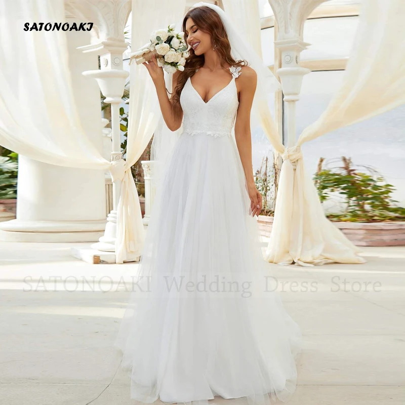 Abito da sposa con spalline sottili con scollo a v Boho elegante personalizzato per le donne abito da sposa principessa a trapezio senza schienale Vestidos De Novia