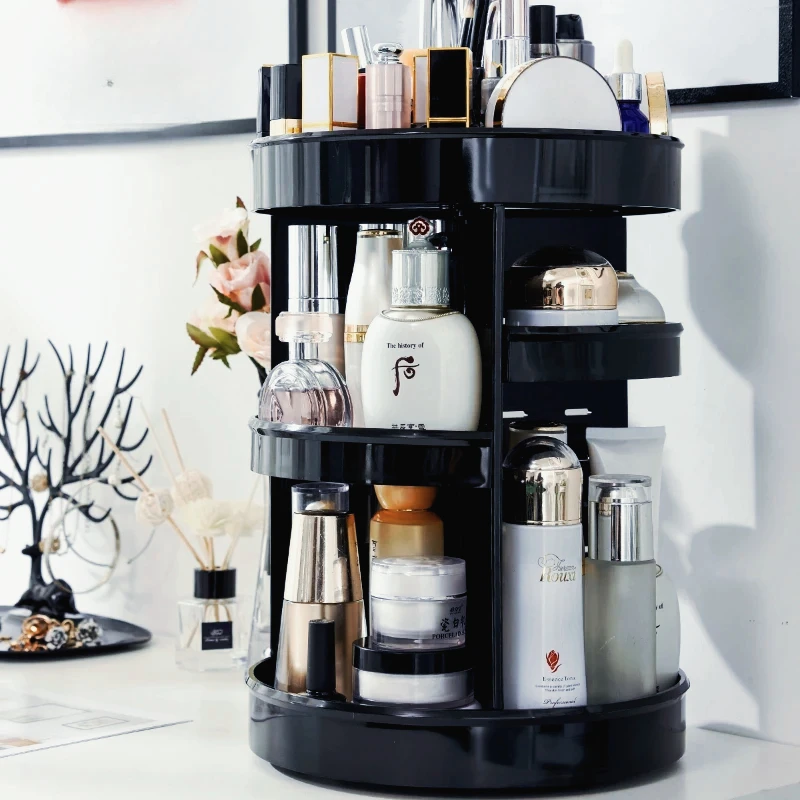 

Rotating Large Capacity Cosmetics Storage Box High-End Black Desktop Organizer for Skincare Products Makeup Brushes