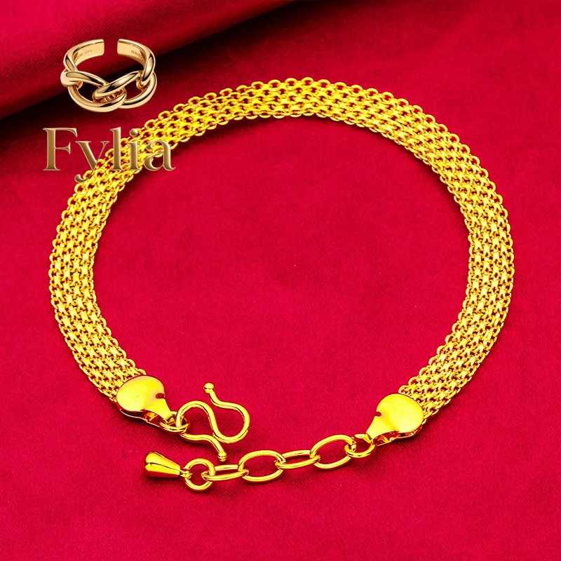 

Fylia Jewelry Wide Flat Bracelet for Women, 24K Gold, AU999 | Antique vine carvings on matte gold, vintage charm for tradition
