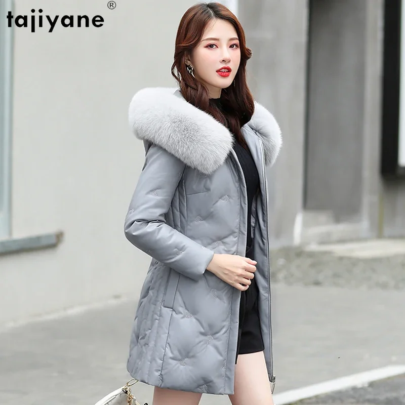 Tajiyane Genuine Leather Jacket Women 2023 Hooded Fox Fur Collar 90% White Duck Down Coat Mid-length Elegant Parkas Chaquetas