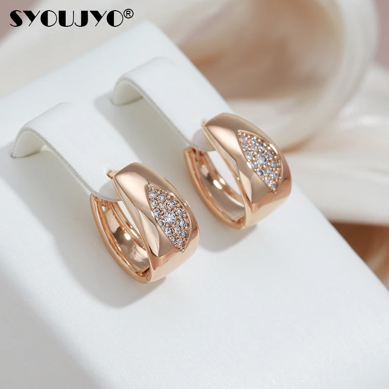 Oval Natural Zircon Full Paved Hoop Earrings For Women SYOUJYO Luxury Design 585 Rose Gold Color Jewelry
