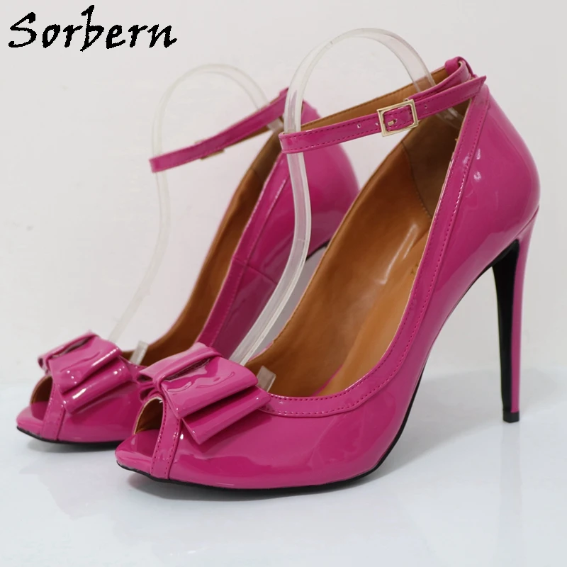 

Sorbern Hot Pink Women Pump Open Toe Bownot Ankle Strap Female Shoes Evening Party High Heel Stilettos Custom Colors Size 33-48