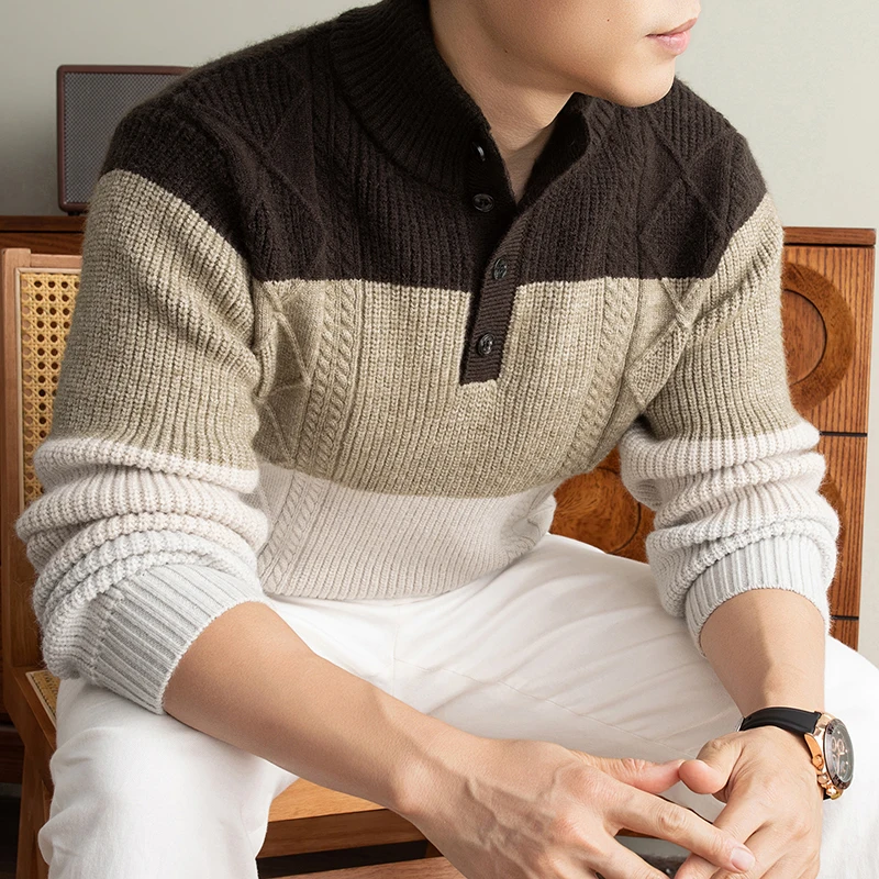 Personality color blocking luxury men's sweater fashion knitting thickened warm comfort new button stand collar casual pullover