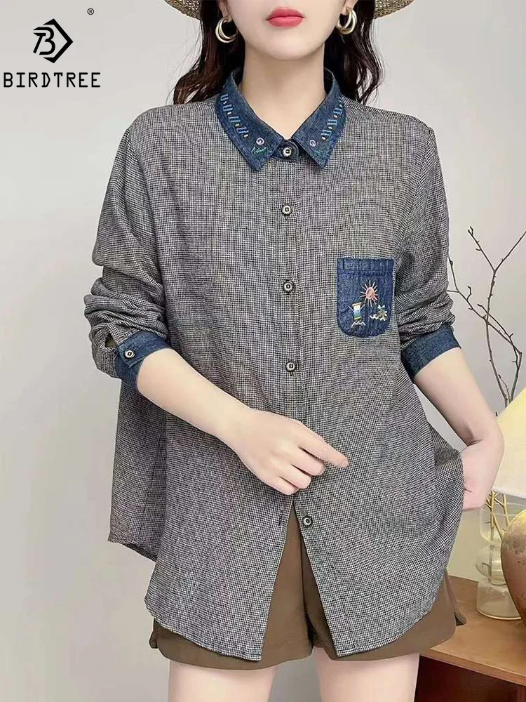 New Summer Cotton Long Sleeve Shirts, Women Lapel Embroidery Top, Mori Girl Casual Sweet Loose Blouses, 2024 Autumn T478126QM