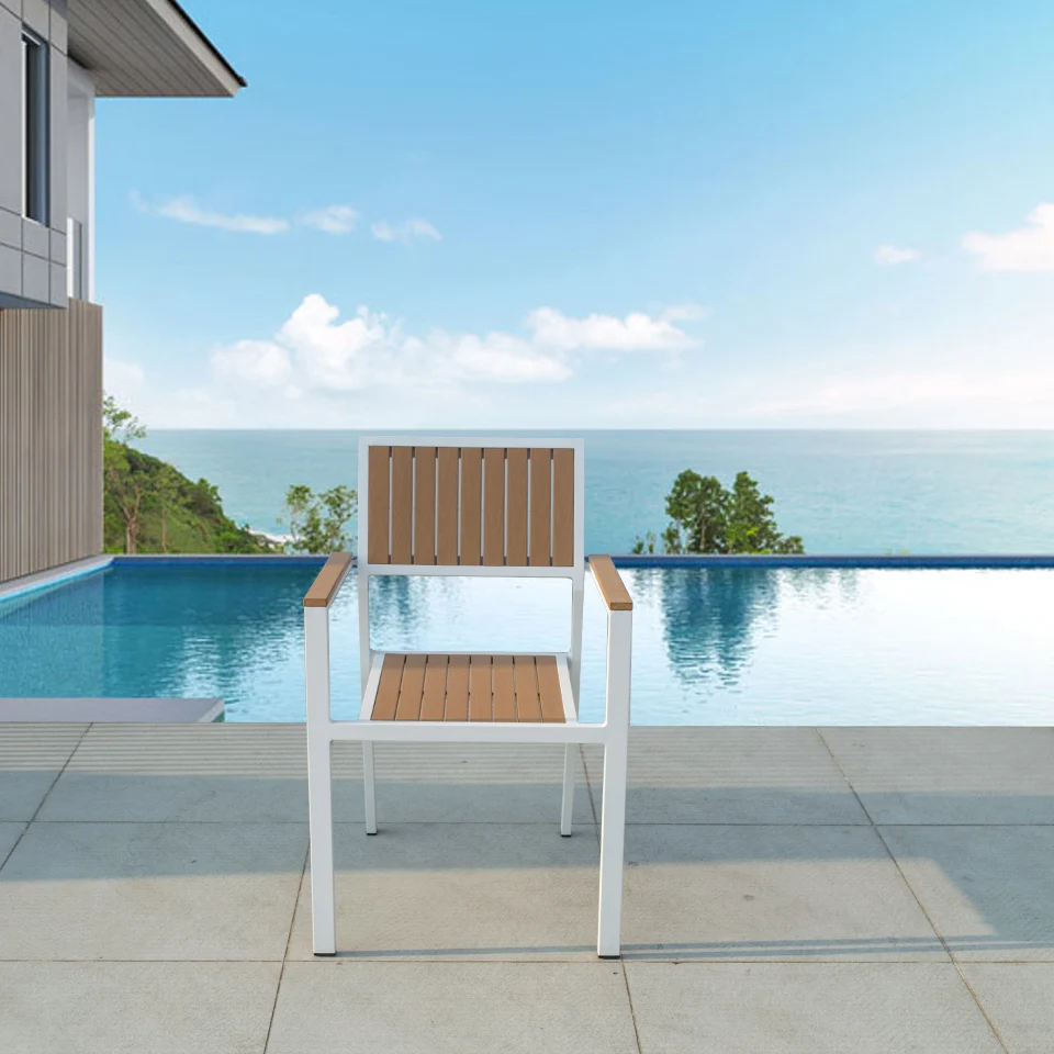 Modern Comfortable Outdoor Dining Table and Chair Set for Garden Living Room or Courtyard Leisure Made of Metal and Wood