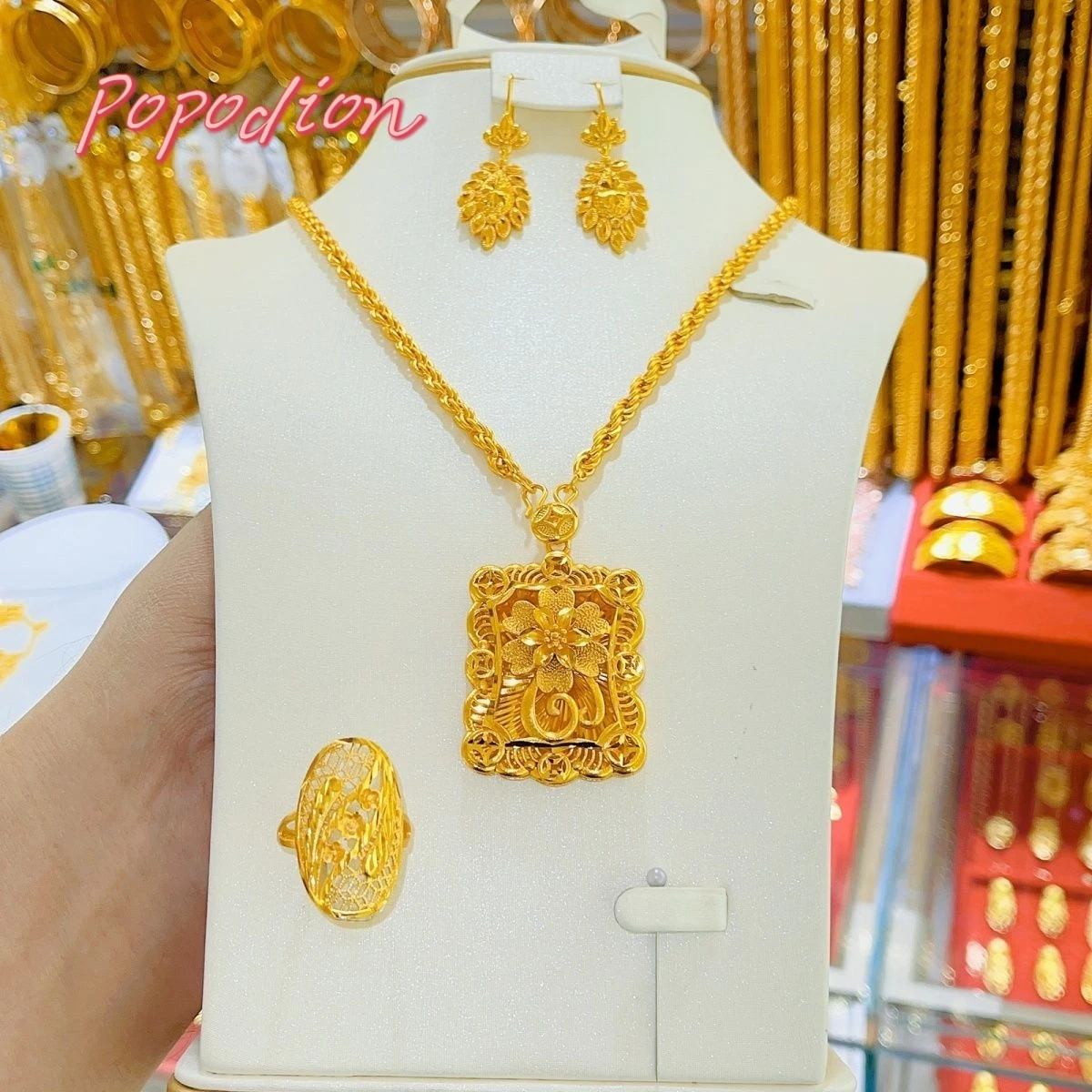 New 24K Gold Plating Dubai Jewelry Necklace Earrings Wedding Three Piece Set YY10327