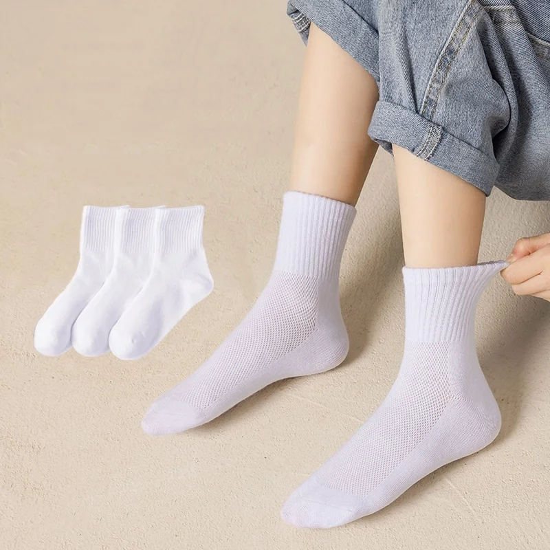 3 Pairs/set White Mesh Kids Socks Summer Thin Breathable Boy Girl Middle Tube Socks Solid Color Teenagers Children Sports Socks