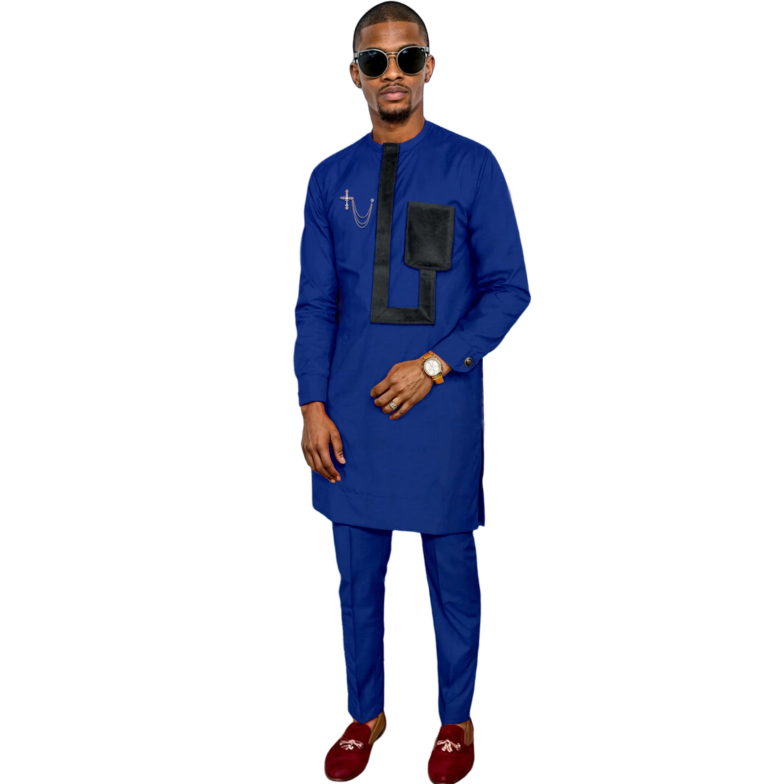 SEA&ALP African Suits for Men Slim Fit Dashiki Splice Velvet Long Shirt and Pants 2 Piece Set Casual Outfits