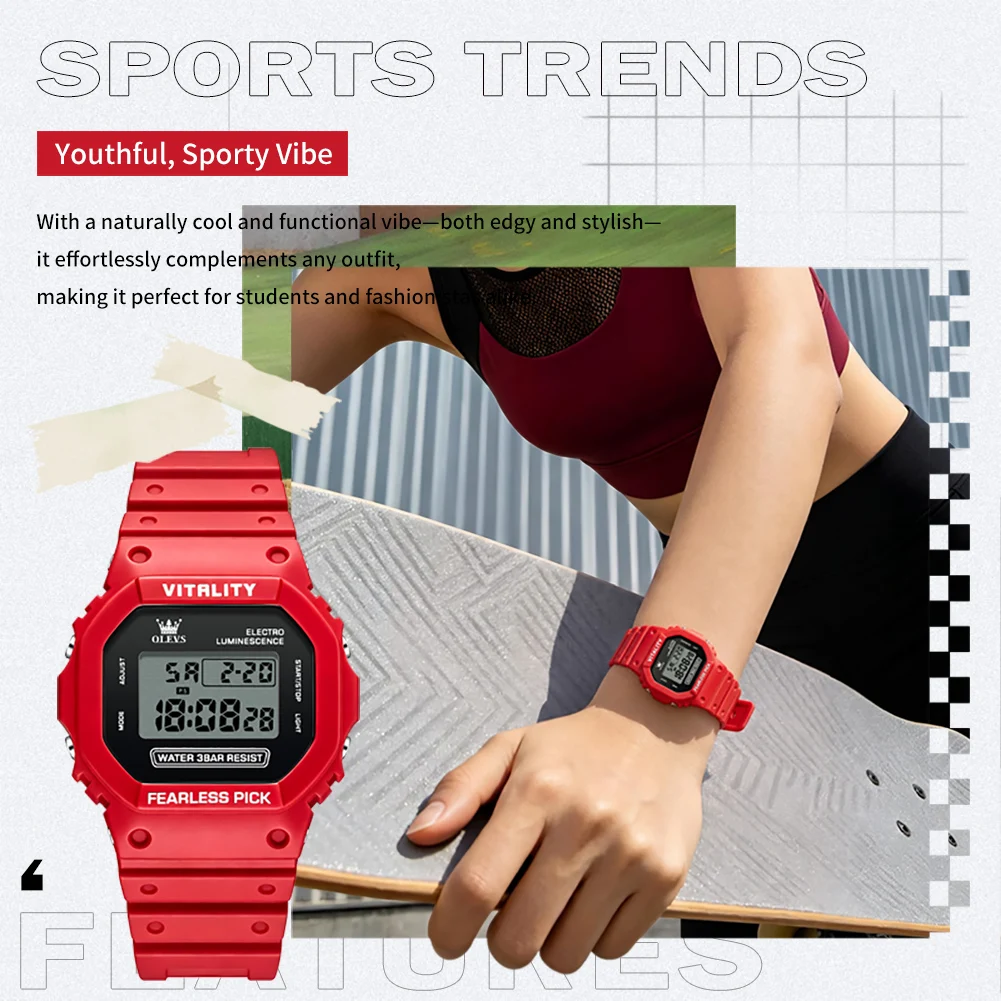 OLEVS Sports Watches Soft Silicone Strap Waterproof Electronic Luminous Chronograph Stopwatch Quartz Women's Student Watch 1122