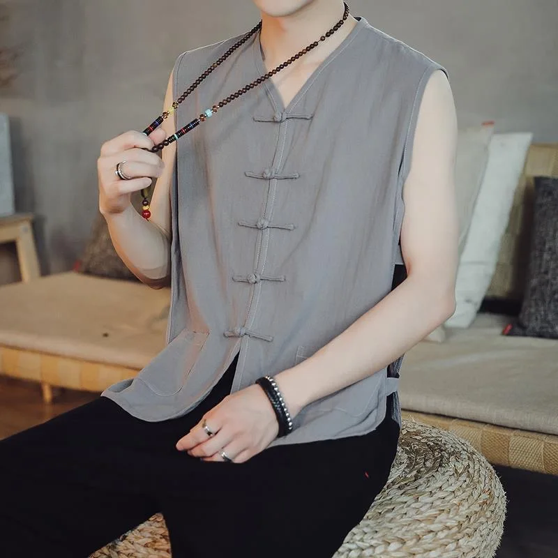 Summer Casual Lin Men's Sleeveless Vest Cotton Linen Retro Button Chinese Style Gown Old Man Shirt Mid-Year Leisure Scene