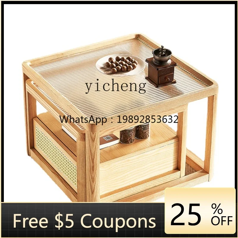 

2CJ Changhong Glass Tea Table Mobile Side Table Combination Nordic Log Style Table White Wax Wood