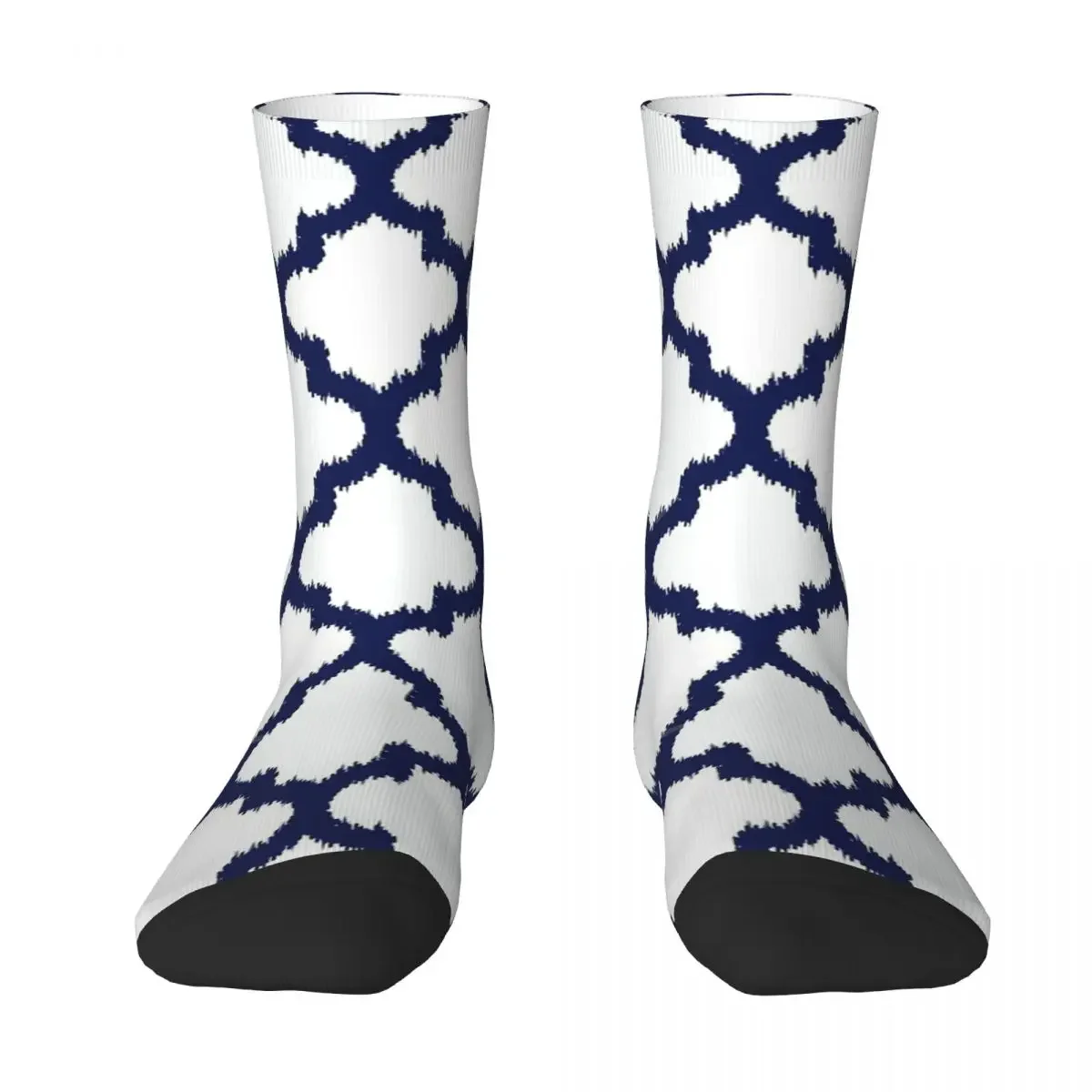 Geometric Patterns Navy Blue And White Quatrefoil Ikat Style Men Women Socks Novelty Spring Summer Autumn Winter Stockings Gift