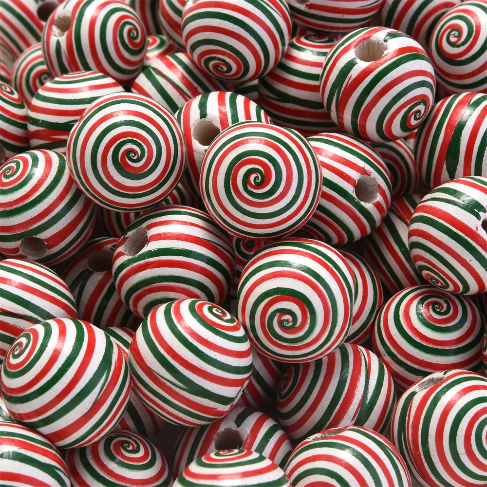 10 Stück 16mm Weihnachts-Holzperlen Rot-Grün Gestreift Pfefferminz-Wirbel-Abstandsperlen für Feiertagsgirlanden DIY Handwerk Schmuckherstellung – Detail 7